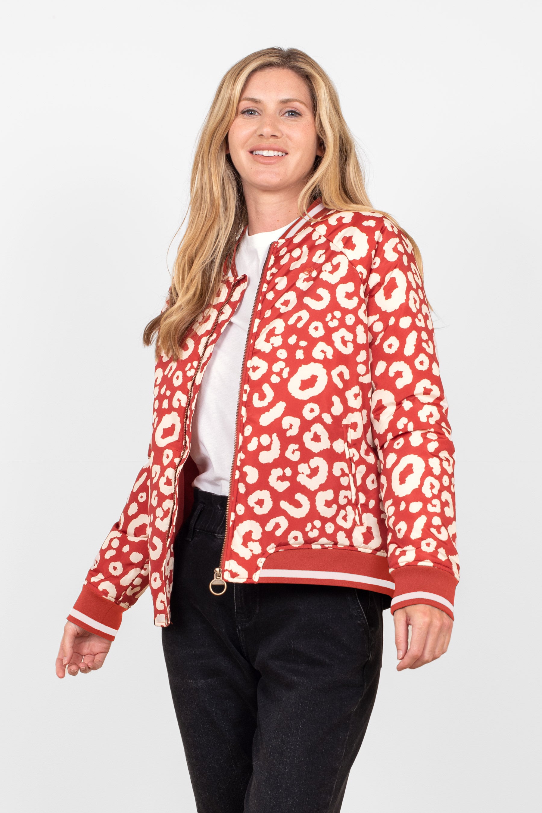 Women s Red Leopard Print Bomber Jacket Brakeburn