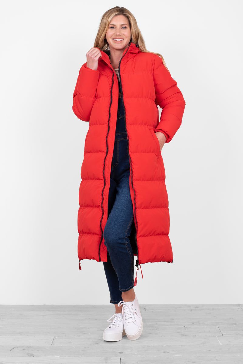 Women s Red Long Line Puffer Jacket Brakeburn