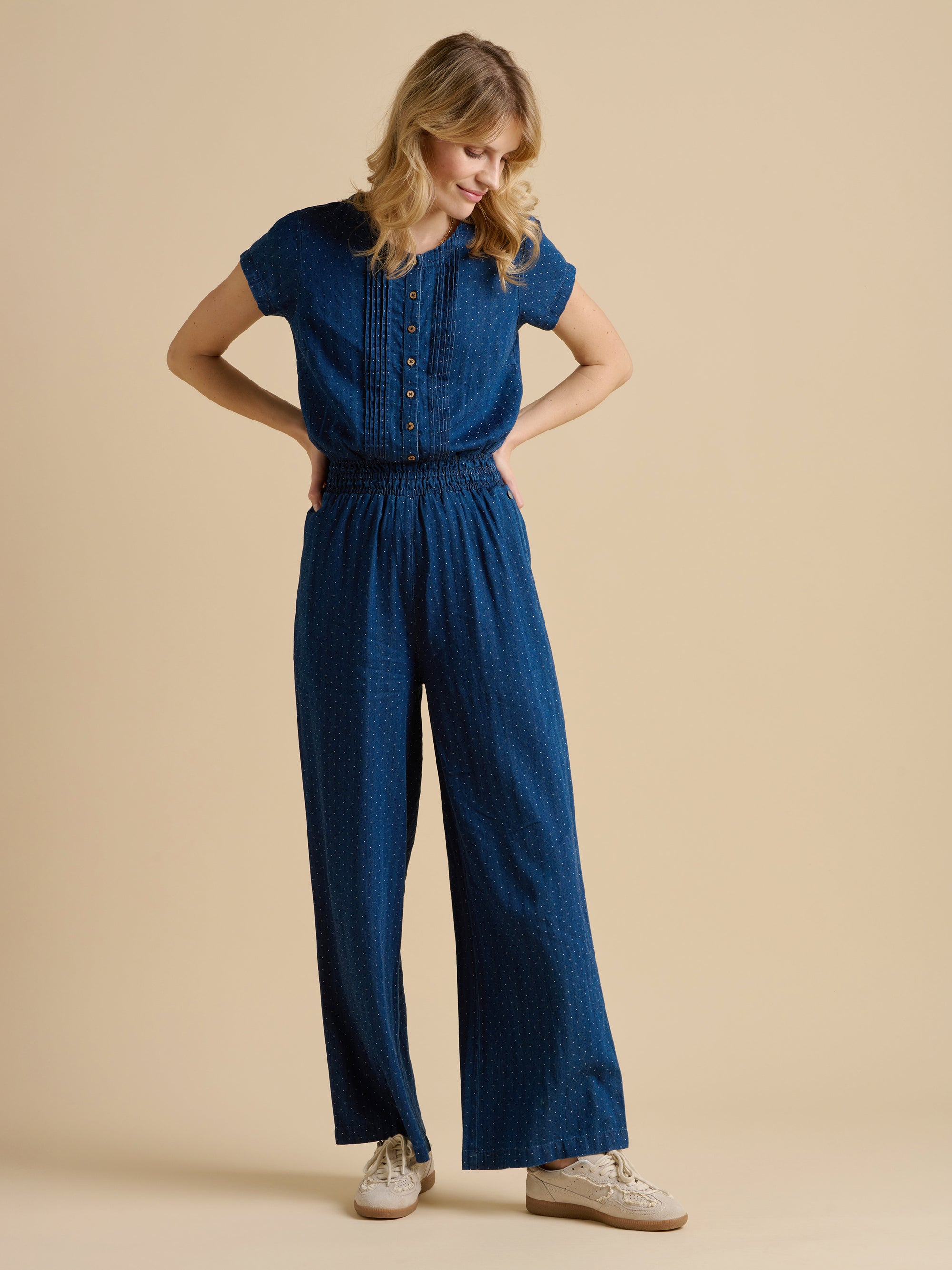 Spot Denim Wide Leg Jumpsuit