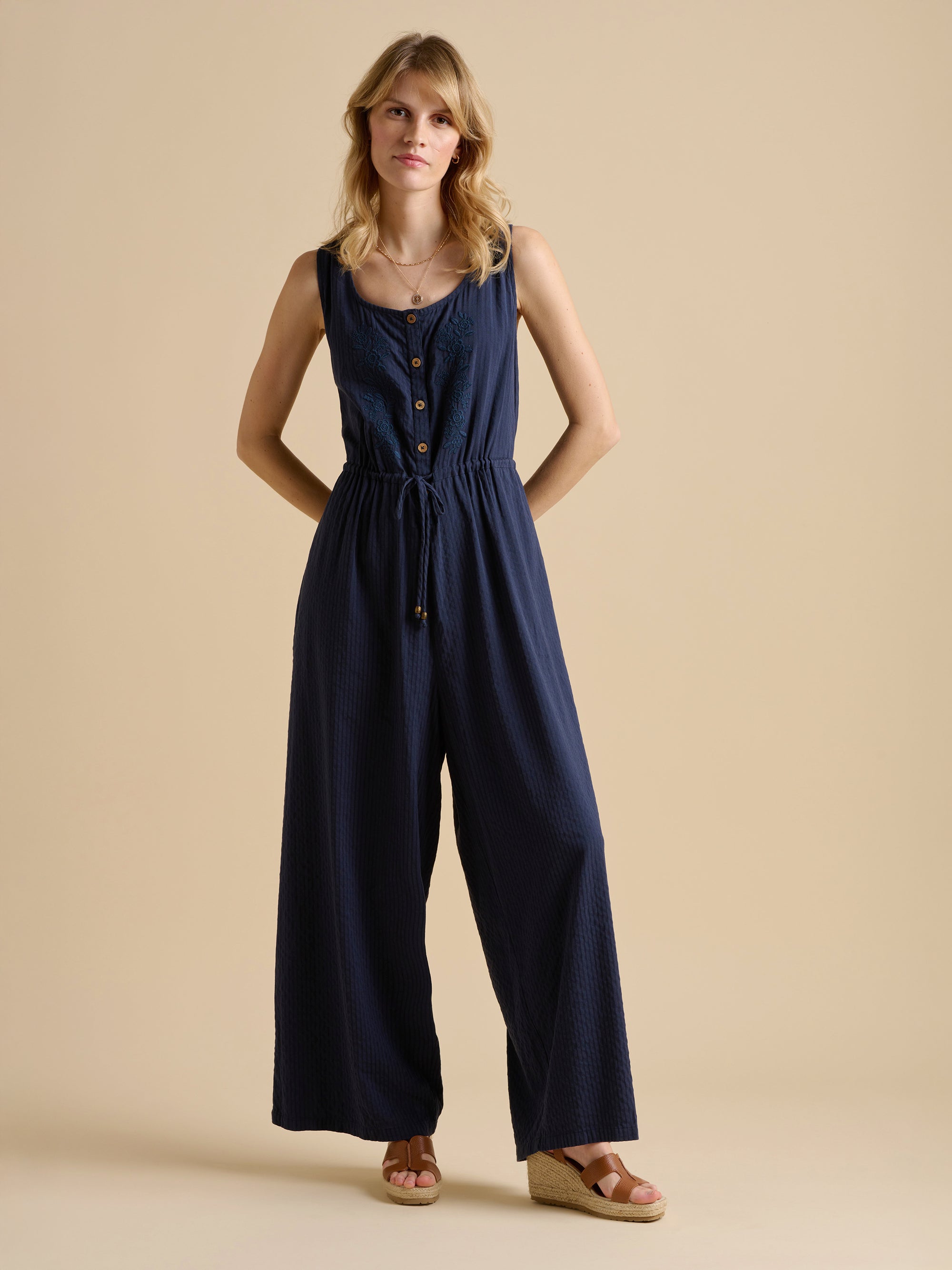 Embroidery Drawstring Tie Jumpsuit