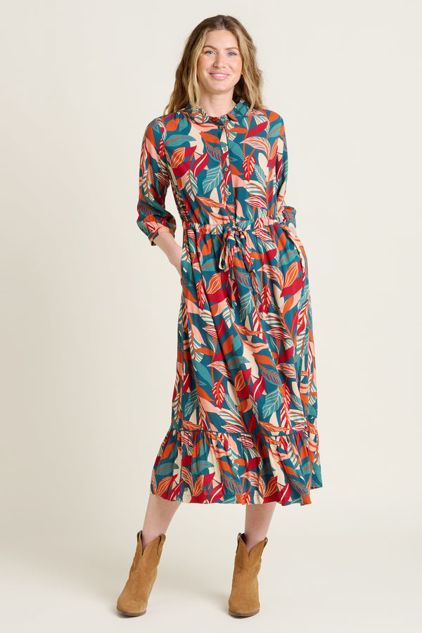 Evergreen Leaves Maxi Shirt Dress