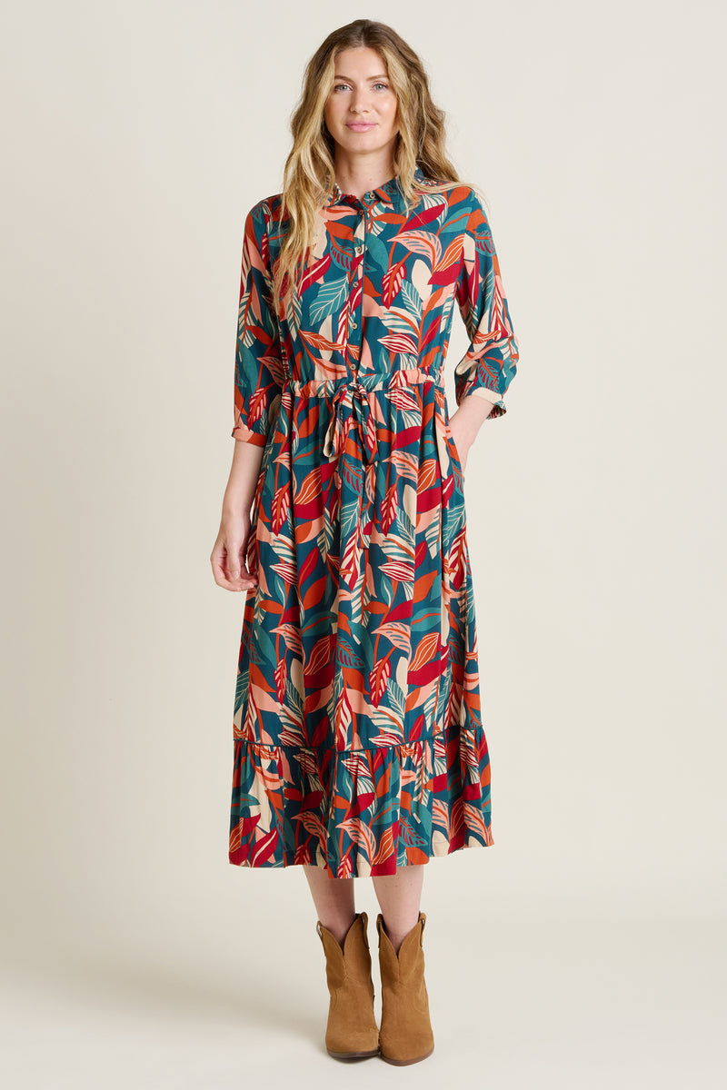 Evergreen Leaves Maxi Shirt Dress