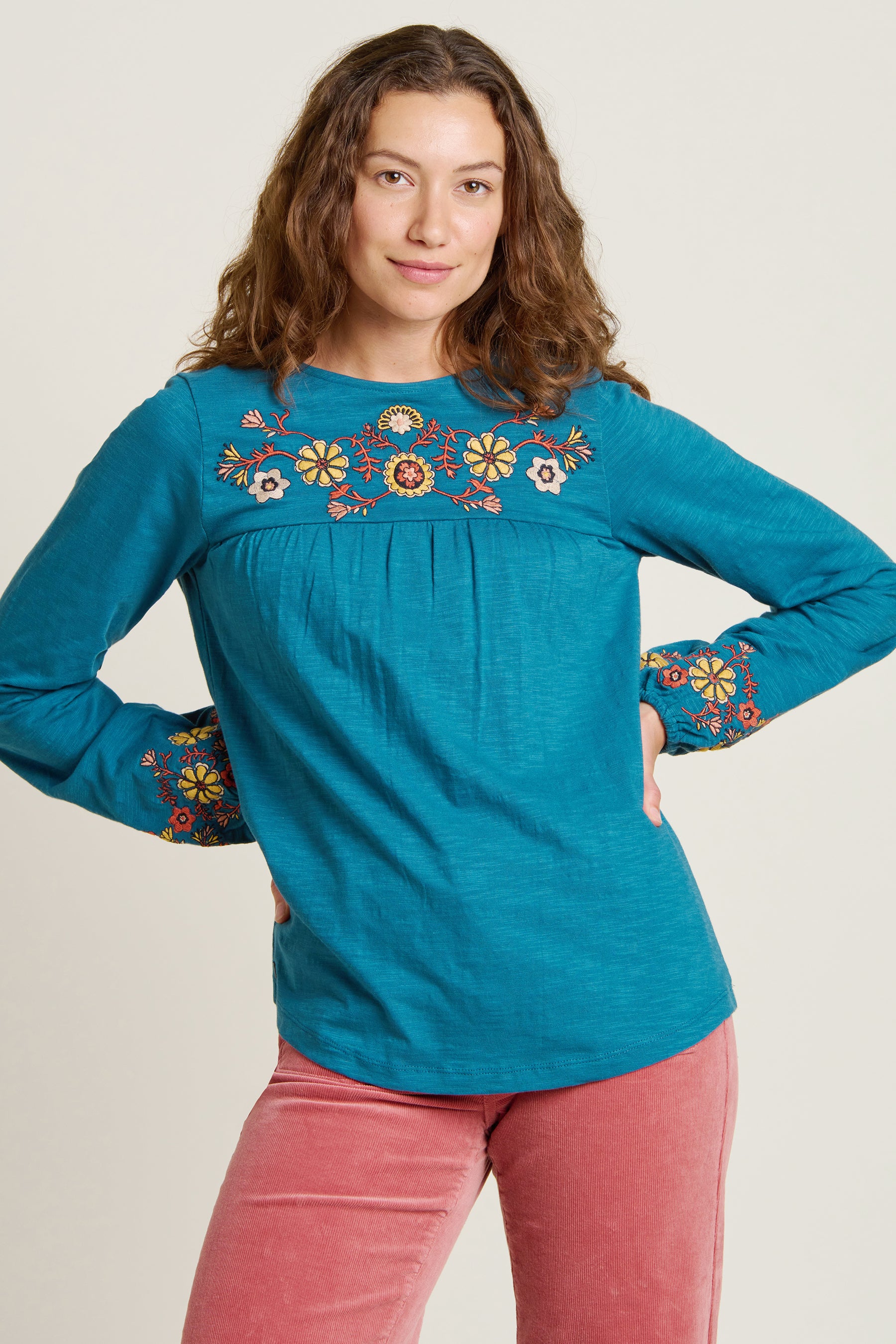 Folk Floral  Embroidered Long Sleeve Tee