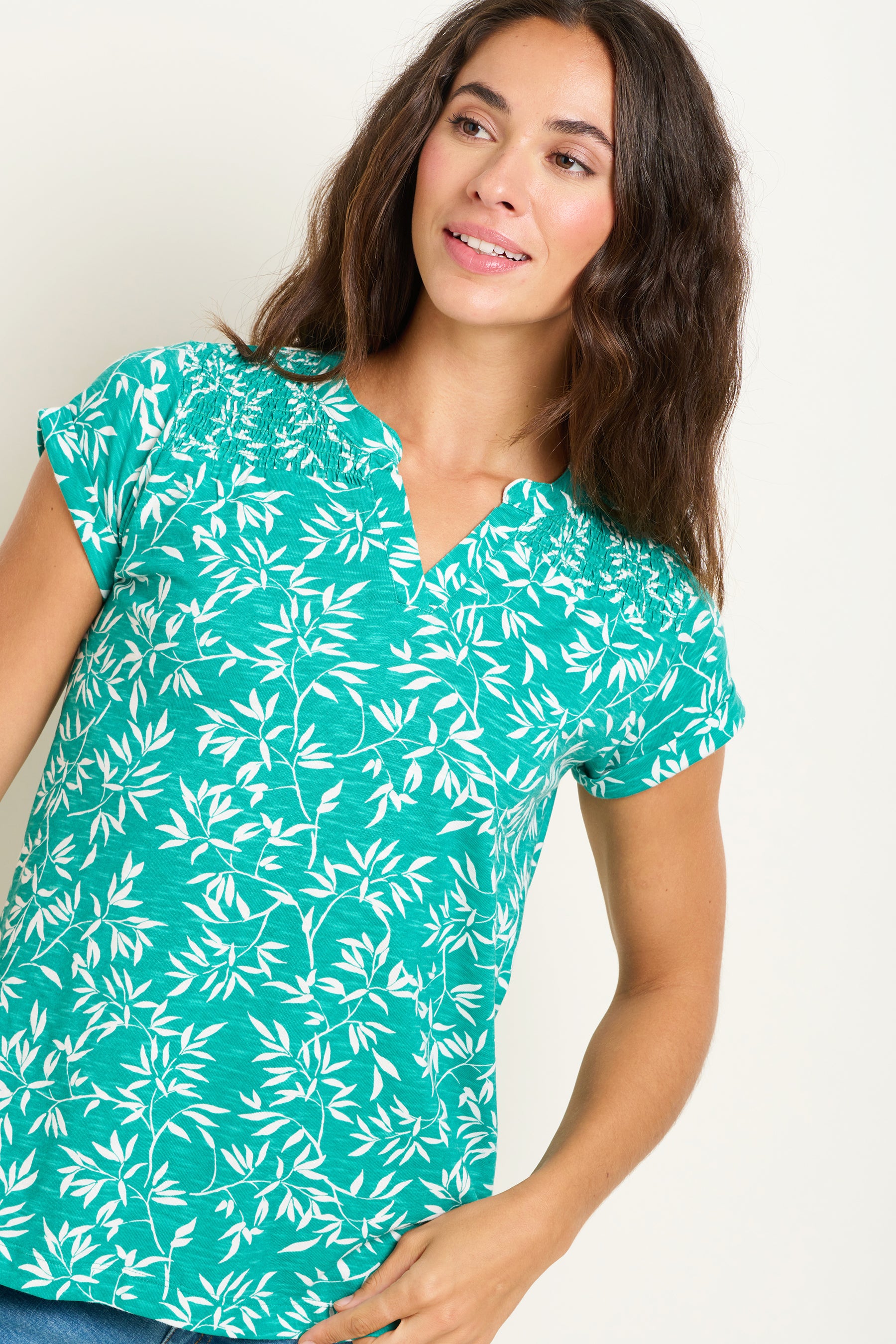 Notch Neck  Bamboo Leaves T-Shirt