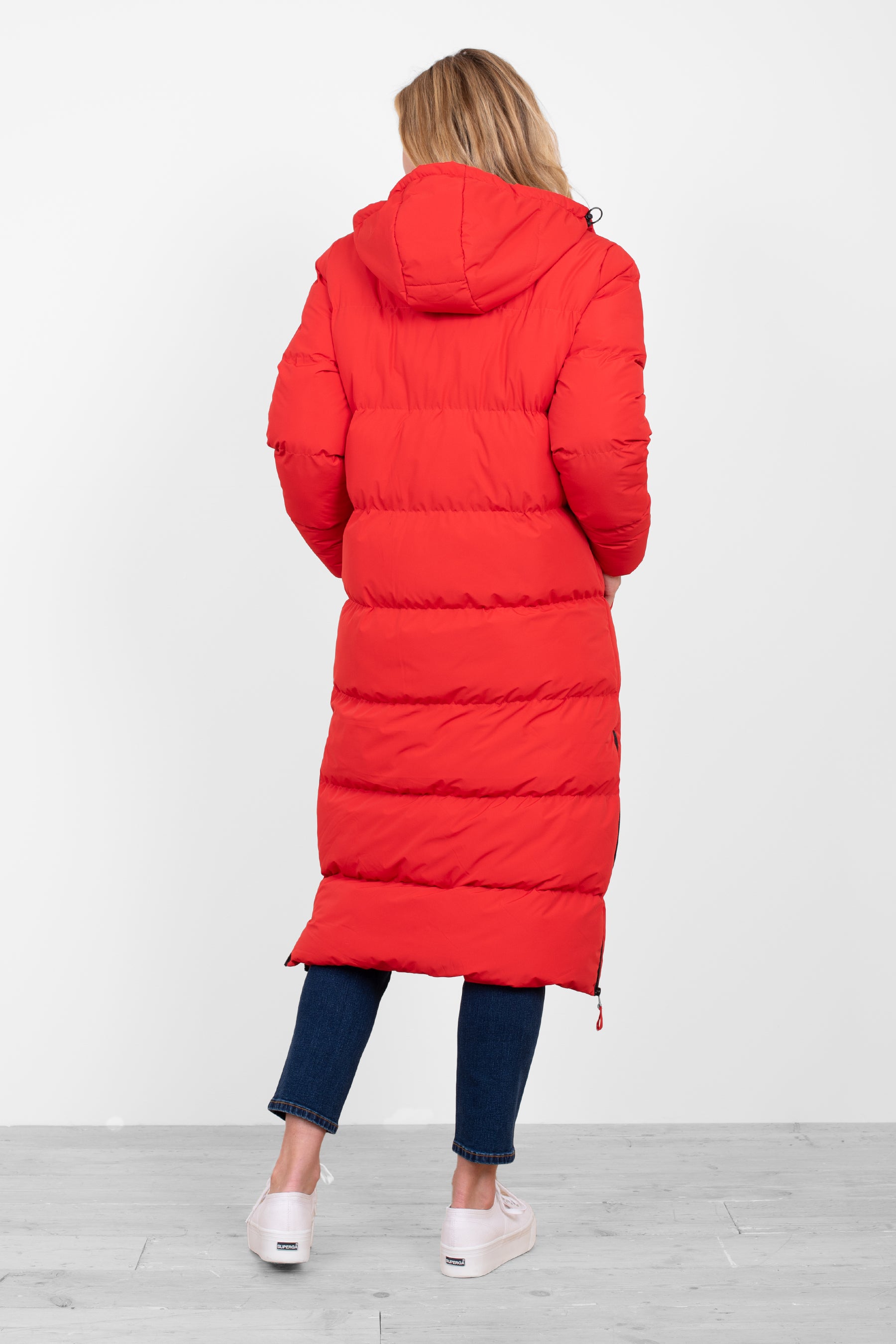 Women s Red Long Line Puffer Jacket Brakeburn